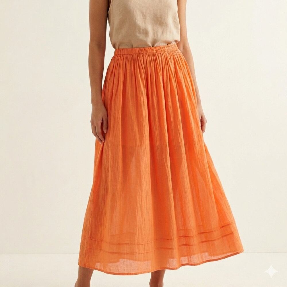 Memory Lane Orange Maxi Skirt 100% Cotton Boho Tiered Pull On Mexico Small‎